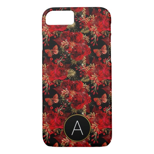 Monogram Red Roses en vlinderpatroonpatroon Case-Mate iPhone Case (Achterkant)
