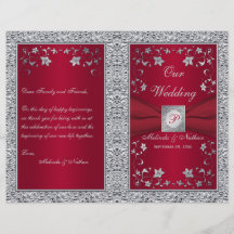 Monogram Red, Silver Foil-LOOK Wedding Programme