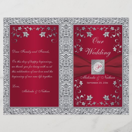 Monogram Red, Silver Foil-LOOK Wedding Programme (Voorkant)