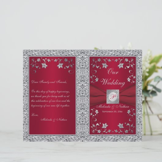 Monogram Red, Silver Foil-LOOK Wedding Programme (Staand voorkant)