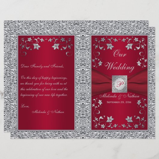 Monogram Red, Silver Foil-LOOK Wedding Programme (Voorkant / Achterkant)