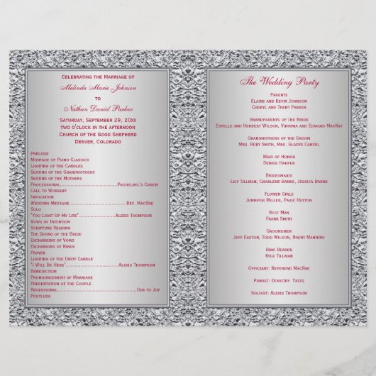 Monogram Red, Silver Foil-LOOK Wedding Programme (Achterkant)