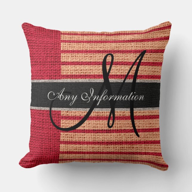 Monogram Red Stripes Burlap Rustic Jute Kussen (Voorkant)