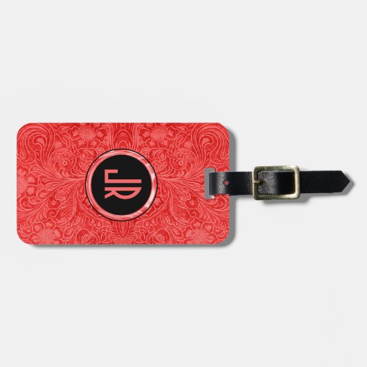 Monogram Red Suede Leather Floral Design Bagagelabel (Voorkant horizontaal)