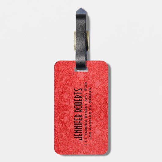 Monogram Red Suede Leather Floral Design Bagagelabel (Achterkant verticaal)