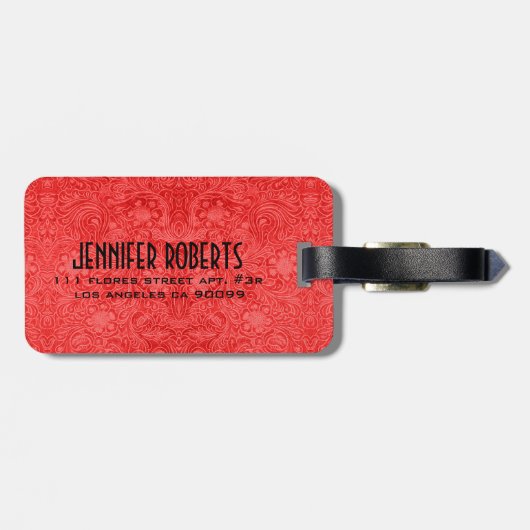 Monogram Red Suede Leather Floral Design Bagagelabel (Achterkant horizontaal)
