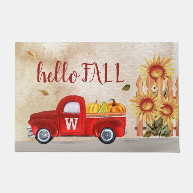 Monogram Red Truck Hallo Herfst Pumpkin Sunflower Deurmat (Voorkant)