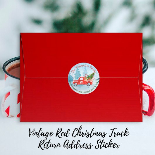 Monogram Red Truck Return Address Kerstmis Ronde Sticker