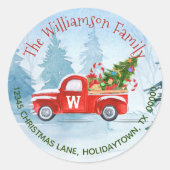 Monogram Red Truck Return Address Kerstmis Ronde Sticker (Voorkant)