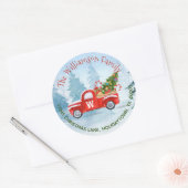 Monogram Red Truck Return Address Kerstmis Ronde Sticker (Envelop)
