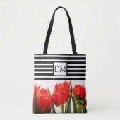 Monogram Red Tulips met zwarte Stripes Canvas tas (Voorkant)