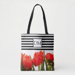 Monogram Red Tulips met zwarte Stripes Canvas tas