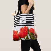 Monogram Red Tulips met zwarte Stripes Canvas tas (Dichtbij)