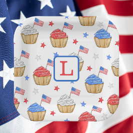 Monogram Red White Blue Cupcake Flag Star Preppy Papieren Bordje