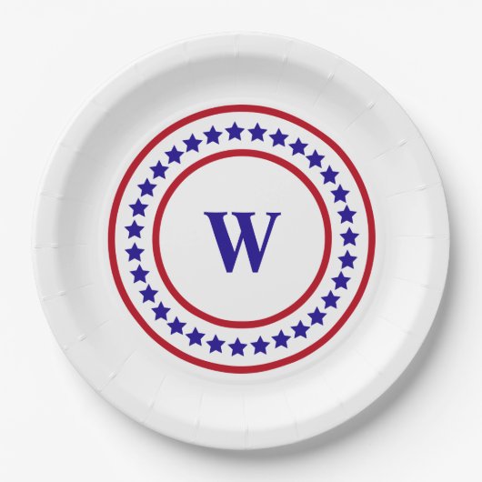 Monogram Red White en Blue Stars Patriotic Papieren Bordje (Voorkant)