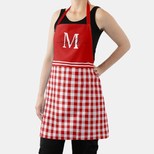 Monogram Red White Gingham Black Naam Schort (Insitu)