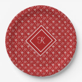 Monogram Red White Snowflake kerstfeestdag Papieren Bordje (Voorkant)