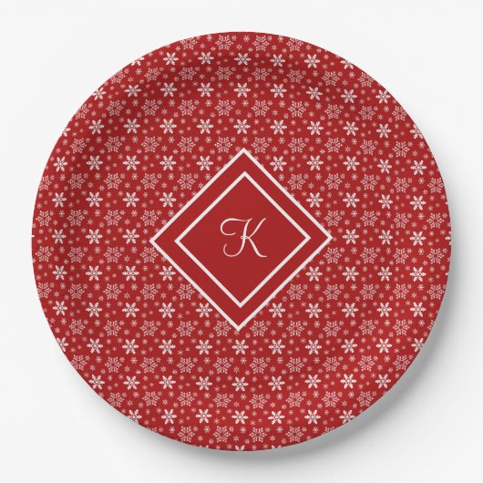 Monogram Red White Snowflake kerstfeestdag Papieren Bordje (Voorkant)