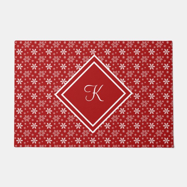 Monogram Red White Snowflake Winter Holiday Deurmat (Voorkant)
