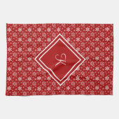 Monogram Red White Snowflake Winter Holiday Theedoek (Horizontaal)
