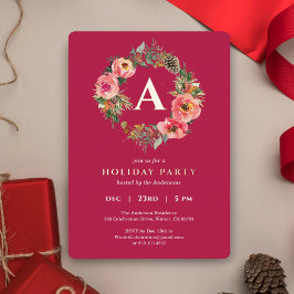 Monogram Red Wreath Botanical Christmas Party Gold Folie Feestdagenkaart