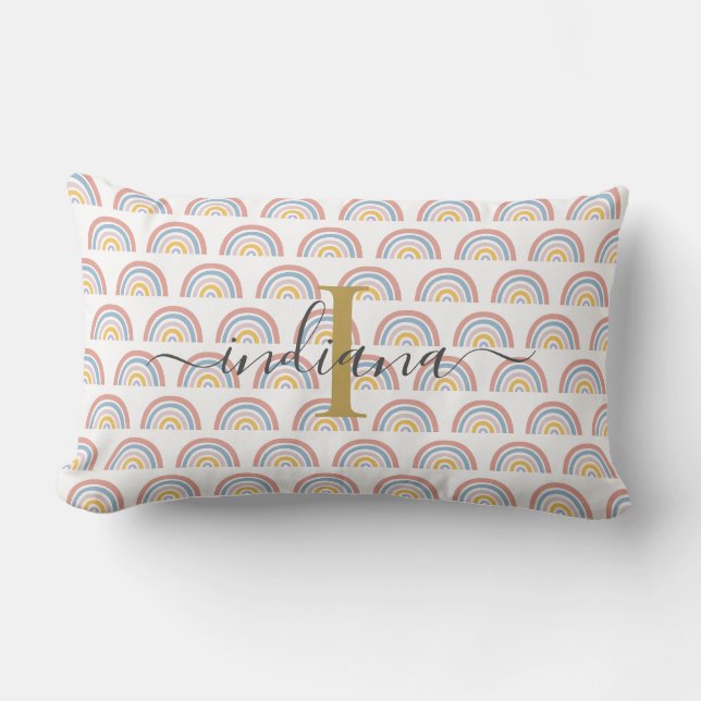 Monogram Regenboog Aquarel Boho Schrift Kussen (Voorkant)