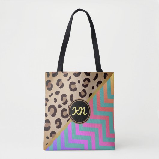 Monogram Regenboog Luipaardprint Chevron Tweetonig Tote Bag (Voorkant)