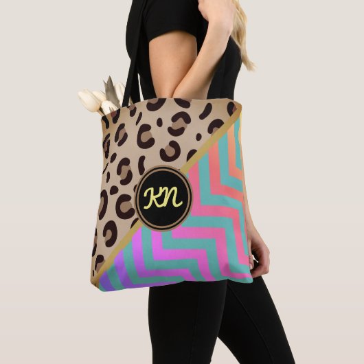 Monogram Regenboog Luipaardprint Chevron Tweetonig Tote Bag (Dichtbij)