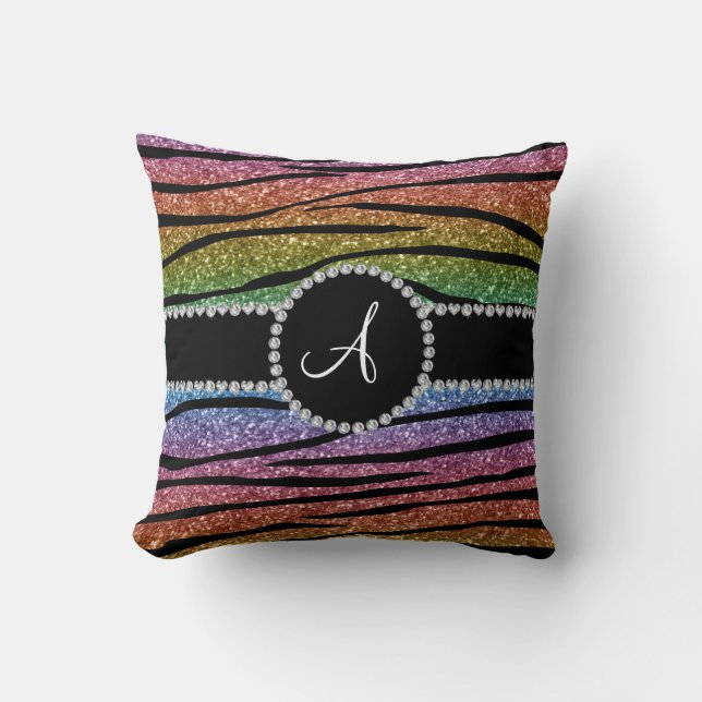 Monogram regenbooglitter zebra strepen cirkel kussen (Voorkant)