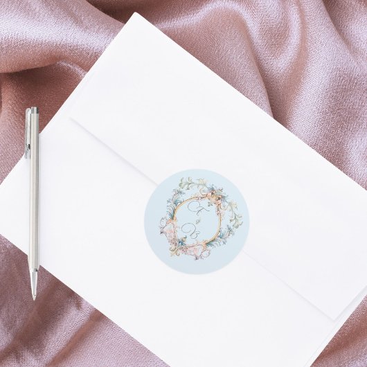 Monogram Regency Crest Blauw Elegant Ronde Sticker