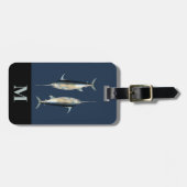 Monogram Reis Blauwe Grijze Zwaardvis Vissen Bagagelabel (Voorkant horizontaal)