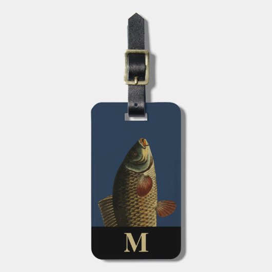 Monogram Reisgrijs Groene Karper Vissen Kop Bagagelabel (Voorkant verticaal)