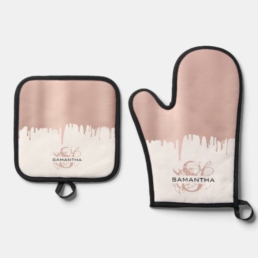 Monogram rendy Roos roze gouden metalen riemen Ovenwant & Pannenlap Set (Voorkant)