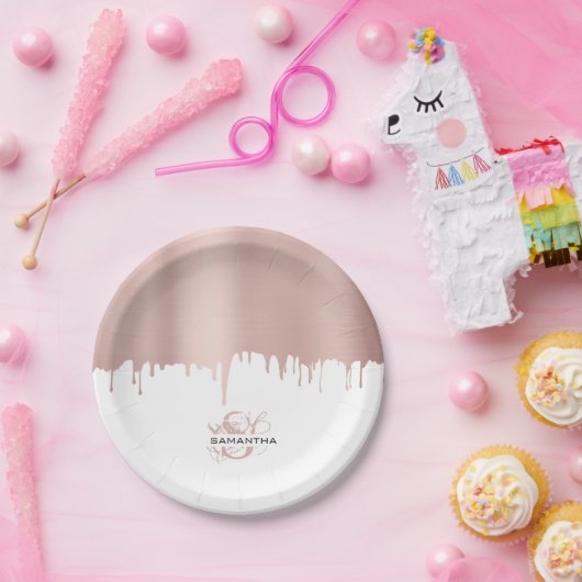 Monogram rendy Roos roze gouden metalen riemen Papieren Bordje (Feest)