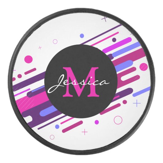 Monogram rendy roze en Paarse geometrische lijnen Hockey Puck (Voorkant)
