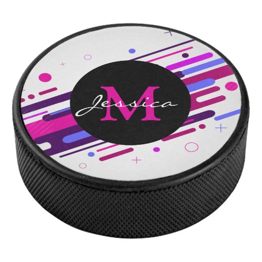 Monogram rendy roze en Paarse geometrische lijnen Hockey Puck (3/4)