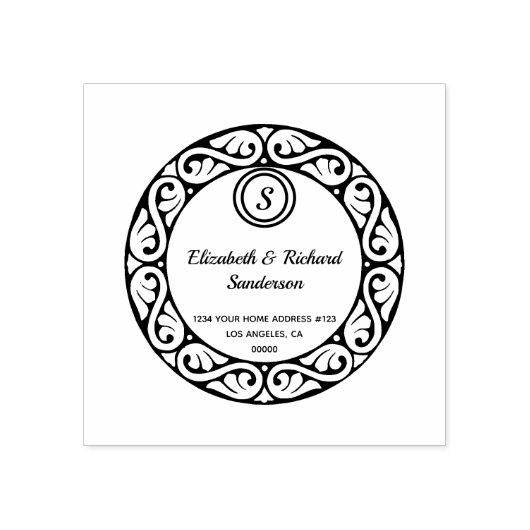 Monogram retouradres in  scrollcirkel rubberstempel (Afrduk)