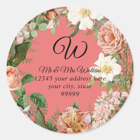 Monogram retouradres Koraal Ivoor Pioen Bloemen Ronde Sticker (Voorkant)