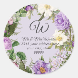 Monogram retouradres lavendel pioenrozen ronde sticker