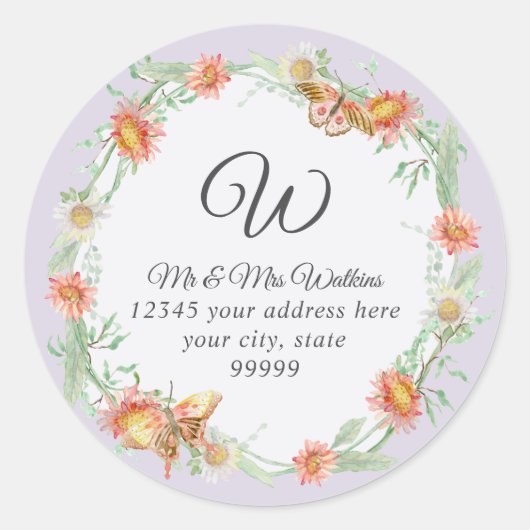 Monogram retouradres Lila Paarse koraalbloem Ronde Sticker (Voorkant)