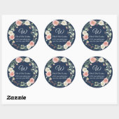 Monogram retouradres Navy Blush Roos Bloemen Ronde Sticker (Vel)