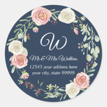 Monogram retouradres Navy Blush Roos Bloemen