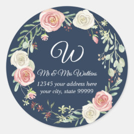 Monogram retouradres Navy Blush Roos Bloemen Ronde Sticker