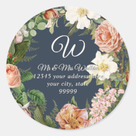 Monogram Retouradres Navy Ivoor Pioen Roos Bloemig Ronde Sticker