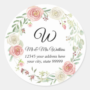 Monogram retouradres roze ivoor roos bloemig ronde sticker