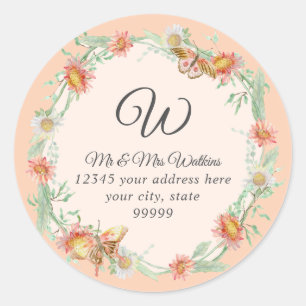 Monogram Retouradres Roze Ivoorkleurig Koraal Bloe Ronde Sticker