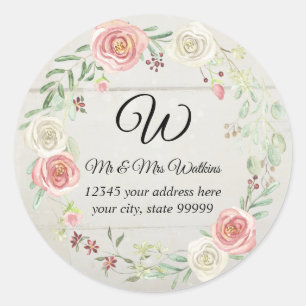 Monogram Retouradres Rustieke Houten Roze Bloem Ronde Sticker