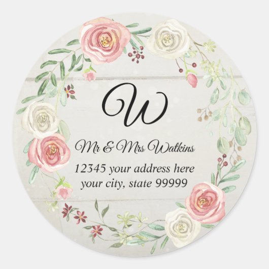 Monogram Retouradres Rustieke Houten Roze Bloem Ronde Sticker (Voorkant)
