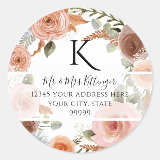 Monogram Retouradres Waterverf Bloemend Blush Ronde Sticker (Voorkant)
