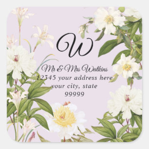 Monogram Retourlabel Lavendel Roos Pioen Bloemen Vierkante Sticker